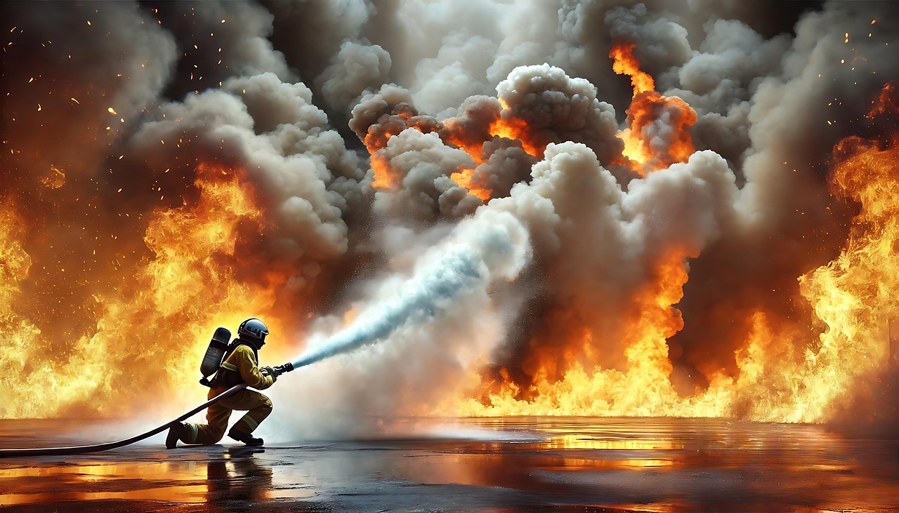 gros nuages de fumée et de flammes qu'un pompier à genou essaie d'éteindre avec sa lance.