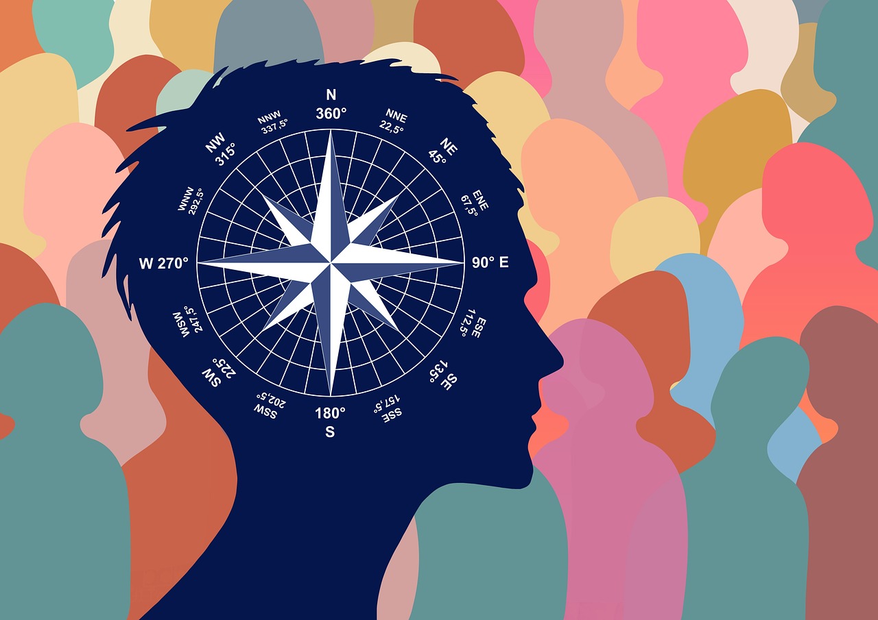 profil de femme en ombre chinoise avec une boussole à l'intérieur