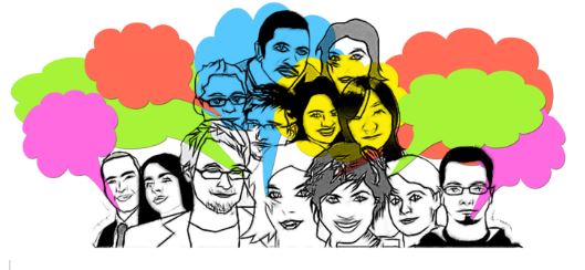 Des visages d'hommes et de femmes qui s'expriment dans des bulles de BD